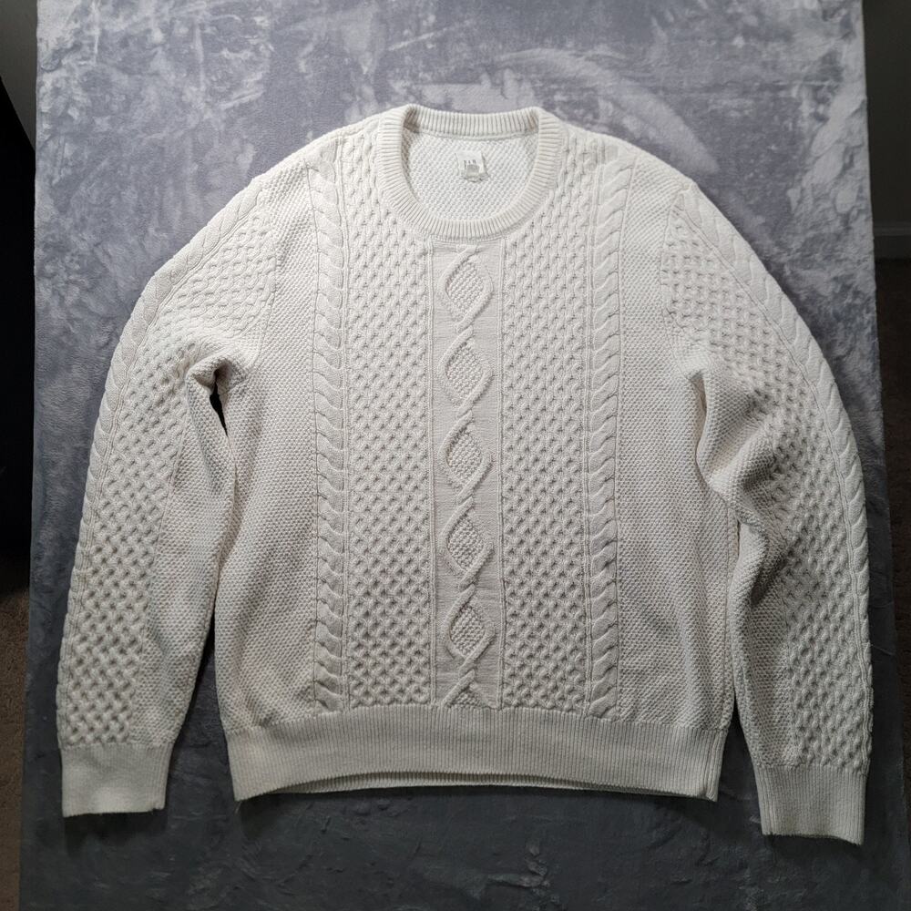 Gap Mens XL Chunky Cable Knit Fisherman Sweater Pullover White